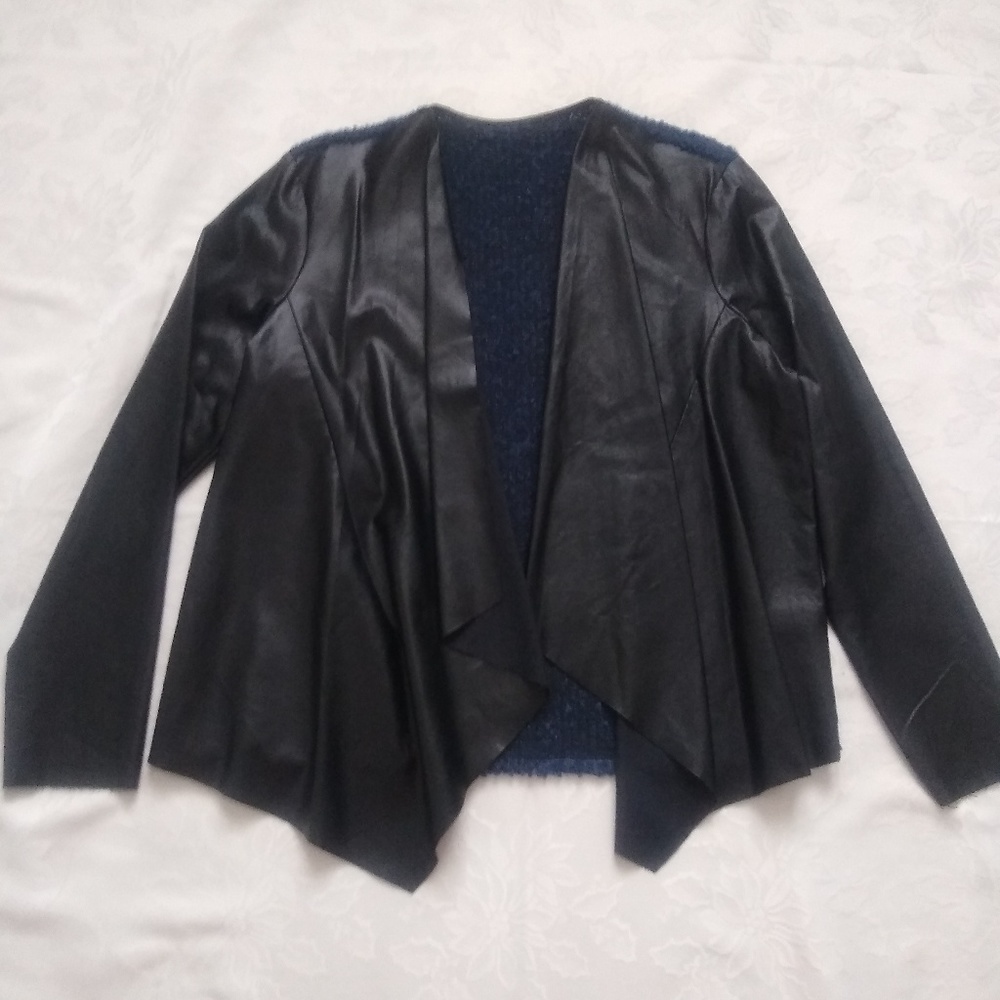Cascading draped jacket faux leather wool mixed media